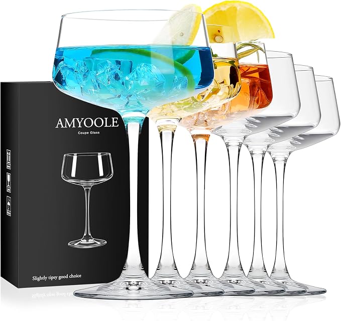 Amyoole Martini Glasses Set of 6, 8 oz Premium Crystal Coupe Glasses | Hand Blown Champagne Drinkware with 6 Cocktail Picks, Clear Cocktail Glasses for Bar, Parties, Espresso, Martinis, Margaritas by Amyoole