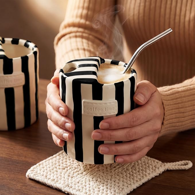 10oz Ceramic Coffee Mug with Sip Hole, Striped Espresso Cups for Hot & Cold Drinks and Microwave & Dishwasher & Freezer Safe, Ideal for Home Desk Kitchen Office Dorm Cafe Travel Daily - Black - Image 6