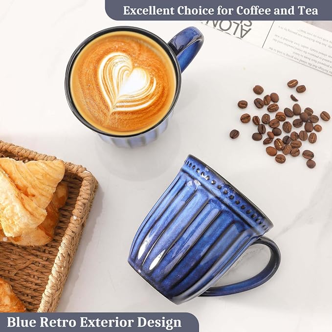 Coffee Mugs Set of 4, 16oz Navy Blue Ceramic Coffee Mug with Embossed Ribbed, Farmhouse Tea Cup Set for Latte, Cappuccino, Milk, Large Handle, Suitable for Office Home Restaurant Housewarming Gift - Image 6