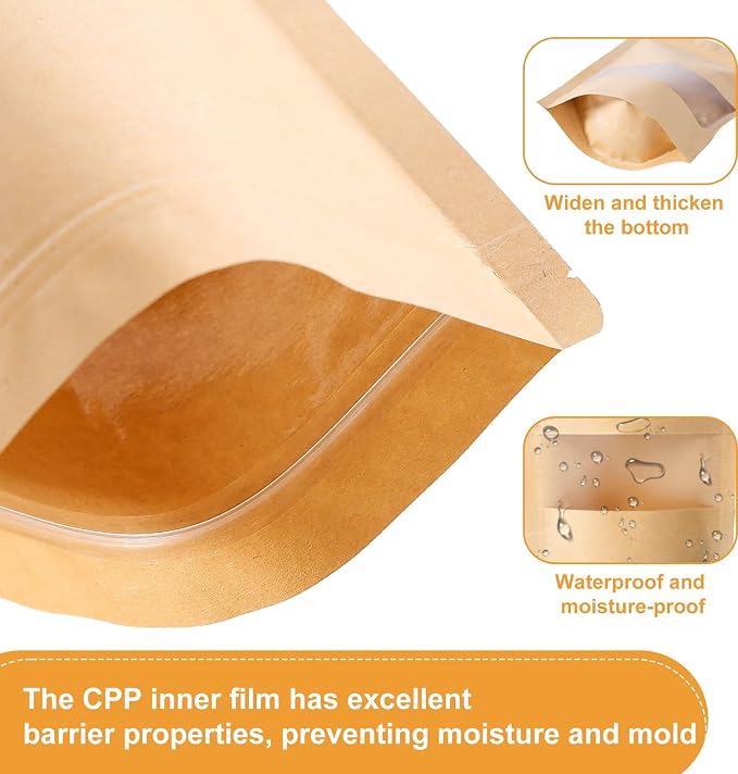 105 Pcs Windowed brown paper Bags，3.5 x 5.5 Inch Stand Up Pouches, Zip Lock Food Storage Bags， Reusable Sealing Pouches for Packaging Products(Brown) (3.5 * 5.5in) - Image 5