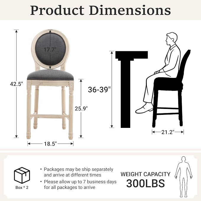 French Country Barstool, Linen Farmhouse Counter Height Chair | Set of 2, with Cushion Round Back and Solid Wood Legs, Oval Chairs for Restaurant, Bar, Kitchen, Café,Dark Grey - Image 3