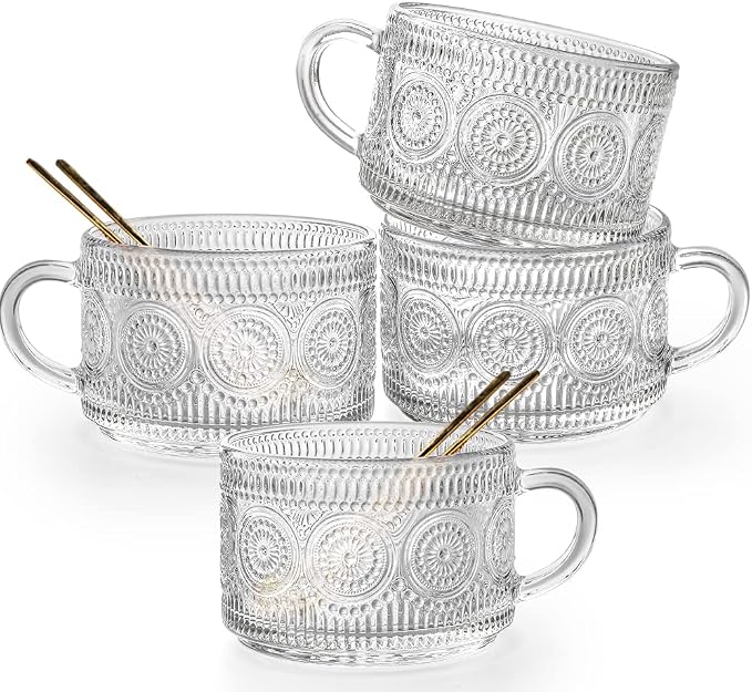 Vintage Glass Coffee Mugs Set of 4, 14 Ounces Embossed Glass Coffee Cups Stackable Coffee Mugs for Cereal, Yogurt, Latte, Clear Breakfast Cups with Handle for Beverages (Sunflower*4) by Ymyaye