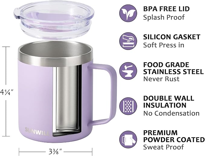 SUNWILL Travel Coffee Mug with Lid, Insulated Tumbler with Handle, 14 oz Stainless Steel Cup for Home, Office, Camping, Powder Coated Orchid - Image 2