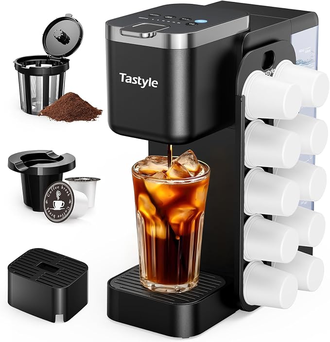 Tastyle Hot & Iced Coffee Maker with Magnetic K-Pod Holder, Fits 7.3'' Mug | Stores 10 Pods, for K Cup & Grounds, Compact for Home, Office & RV， Brew 6-24oz Coffee, 40 oz Removable Tank, K330CH, Black by Tastyle