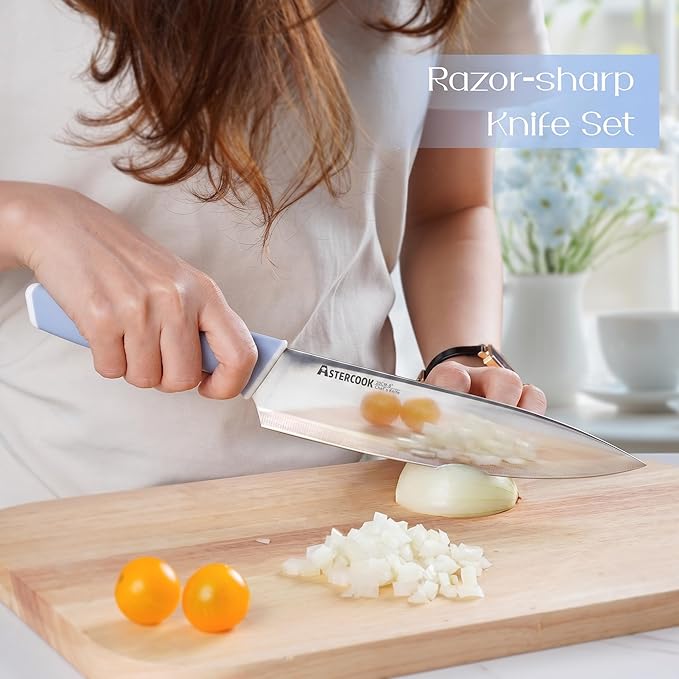 Astercook Kitchen Knife Set with Block and Sharpener 15 Piece German High Carbon Stainless Steel Knives Sharp Blade Dishwasher Safe Deba Knives with Ergonomic Handle, Delicate Blue - Image 2