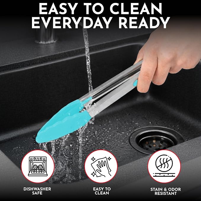 Kitchen Tongs - 12, 9 & 7 Inch Locking Silicone Tongs for Cooking, Set of 3 | Aqua Tongs with Silicone Tips, Heat Resistant Tongs for Grilling, Serving, Mixing - Image 6