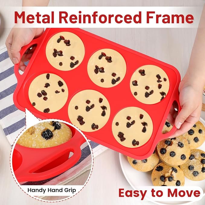 CAKETIME Jumbo Muffin Pan, 3.5 Inch Large Muffin Pan with Metal Reinforced Frame 6 Cup Silicone Jumbo Cupcake Pans for Baking Easy to Handle 2 Pack Red - Image 4