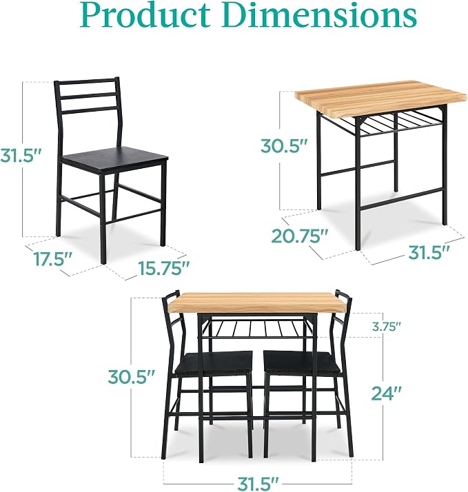 Best Choice Products 3-Piece Modern Dining Set, Space Saving Dinette for Kitchen, Dining Room, Small Space w/Steel Frame, Built-in Storage Rack - Oak/Black - Image 2