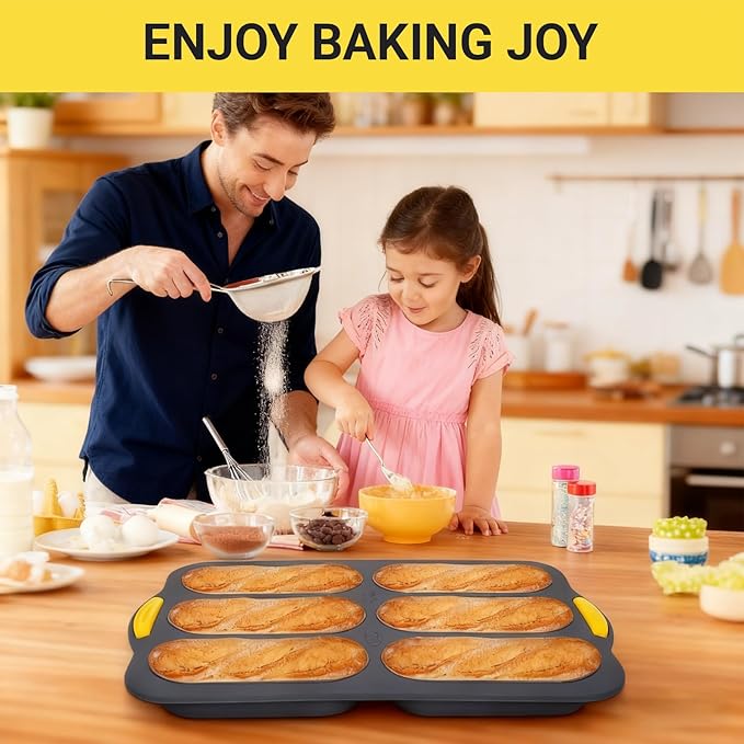 6-Cavity Silicone Baguette Bread Pan, Non-stick French Bread & Hot Dog Bun Mold, Foldable Loaf Pan Baking Tool for Hoagie Homemade Rolls, Dishwasher Safe,Easy Release, Local Stock- 2 Pack Gray