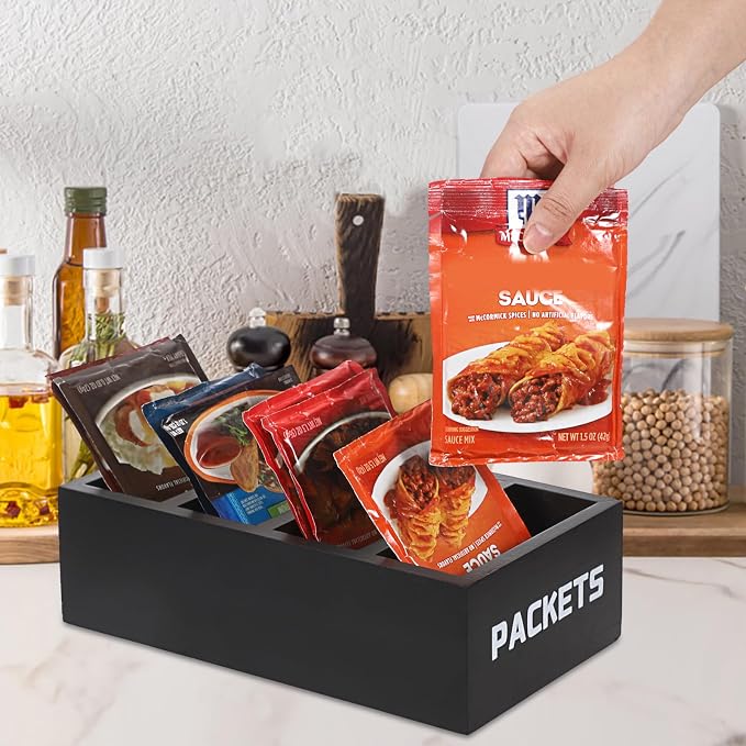 BSTKEY Seasoning Packet Organizer, Food Packet Storage Organizer with 4 Compartments, Black Wooden Storage Caddy for Kitchen Pantry Cabinet, Farmhouse Kitchen Organization Bin for Snacks Spice Packets - Image 4