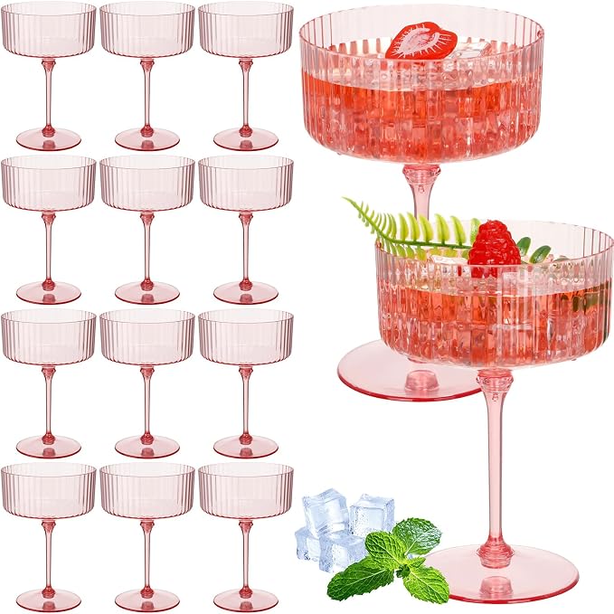 Jingmore 12 Pcs Ribbed Martini Glasses 10 oz Disposable Plastic Vintage Ribbed Coupe Glasses Unbreakable Dessert Parfait Glassware for Wedding Birthday Party Supplies (Pink) by Jingmore