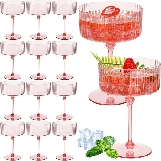 Jingmore 12 Pcs Ribbed Martini Glasses 10 oz Disposable Plastic Vintage Ribbed Coupe Glasses Unbreakable Dessert Parfait Glassware for Wedding Birthday Party Supplies (Pink) by Jingmore