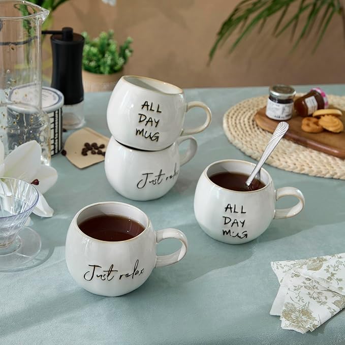 Ceramic Coffee Mugs Set, Just Relax and All Day Design, large capacity heat-resistant handle, Great for Tea Hot Chocolate, Microwave Safe, Modern, Unique Style for Any Kitchen-4pack by DelightsGalore