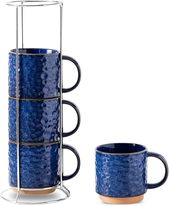 Nihow 16 OZ Ceramic Coffee Mug with Stackable Stand,Set of 4,Blue | Stainless Stand Included, Cappuccino & Tea, Hot/Cold Drinks, Dishwasher & Microwave Safe by Nihow