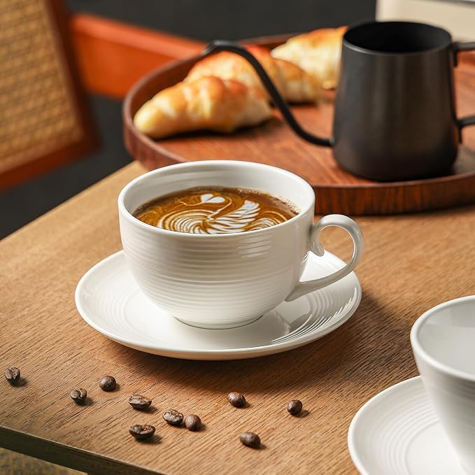 12 oz Cappuccino Cups with Saucers, Ceramic Espresso Coffee Cups Set of 4, White Latte Cup and Saucer, Elegant Tea Mugs Set, Microwave Dishwasher Safe Drinkware for Cafe, Housewarming Gift - Image 4