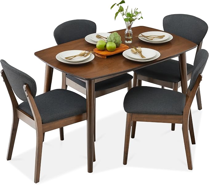 Best Choice Products 5-Piece Dining Set, Compact Mid-Century Modern Table & Chair Set for Home, Apartment w/ 4 Chairs, Padded Seats & Backrests, Wooden Frame - Walnut/Charcoal by Unknown
