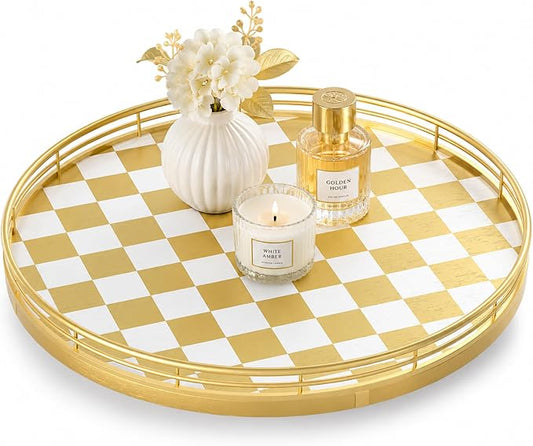 AMH 12-Inch Gold and White Checkerboard Lazy Susan with Metal Rail | Smooth rotating oak tray with walnut finish for dining tables, kitchen counters, pantries and cabinet storage. by AMH
