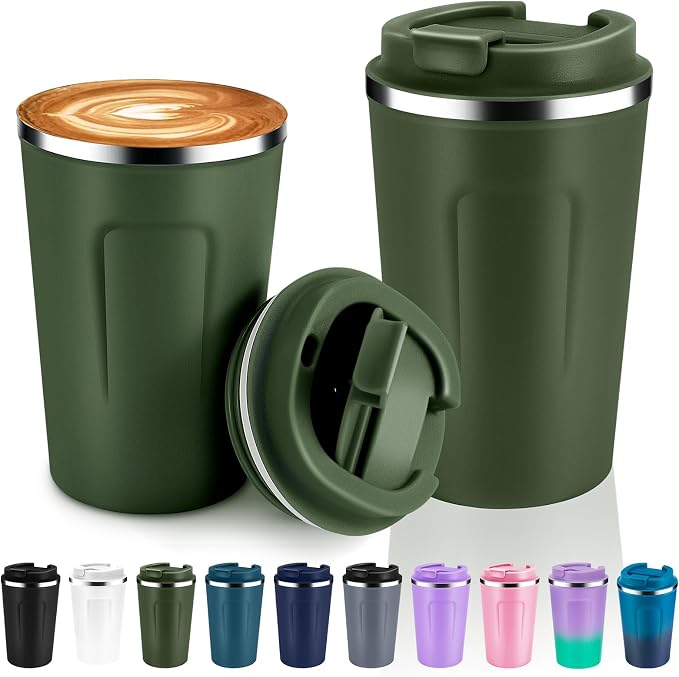 Volhoply 12 oz Double Wall Insulated Vacuum Travel Coffee Mugs with Flip Lid Bulk 2 Pack,Reusable Stainless Steel Leak Proof Coffee Cup,Portable Thermal Tumbler for Cold & Hot Drinks(Army Green,2 Set) by LiveFully%EF%BC%8CDrinkFreely%E2%80%94KeepGoingwithVolhoply%EF%BC%81