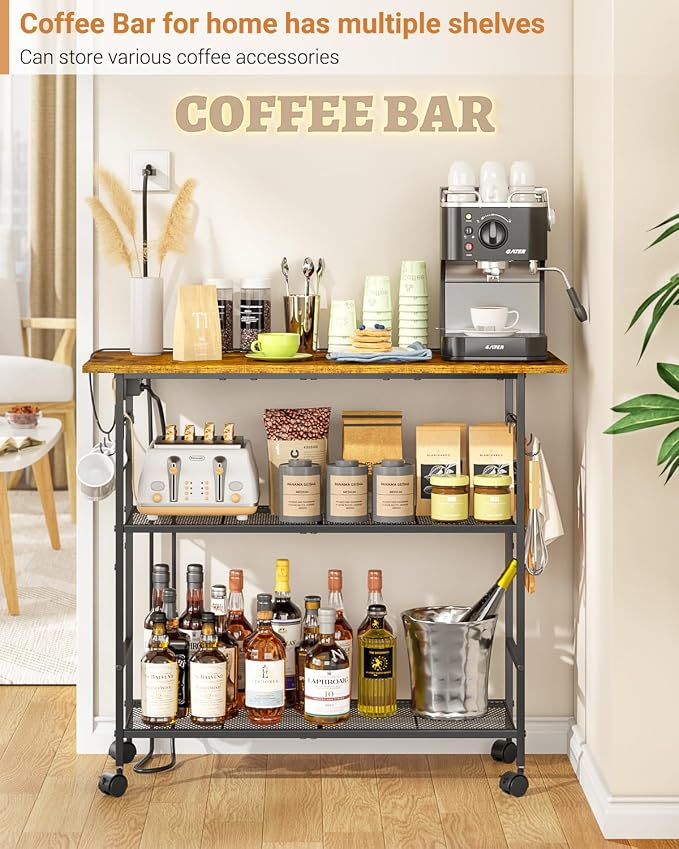 Kitchen Island with Power Outlet, Rolling Kitchen Cart with 6 Hooks and Protective Shelf, Microwave Stand on Lockable Wheels, Bakers Rack Coffee Bar for Dining, Living Room, Outdoor, Metal Frame - Image 8
