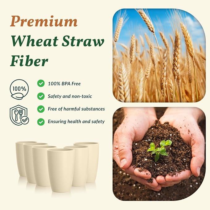 Homienly Wheat Straw Cups - Unbreakable Cups Set of 6,20 oz Dishwasher & Microwave Safe Drinking Glasses for Everyday Use-Beige - Image 4