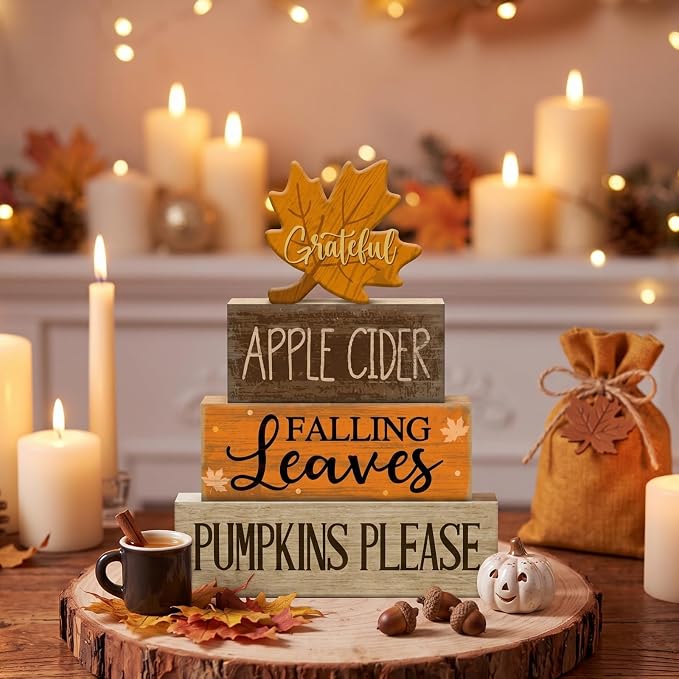 Moucuny 4 Pcs Fall Decoration for Home Wooden Maple Leaf Thanksgiving Table Centerpiece Rustic Thanksgiving Tiered Tray Decor Decorative Maple Leaf Block Signs Farmhouse Autumn Decor for Kitchen - Image 6