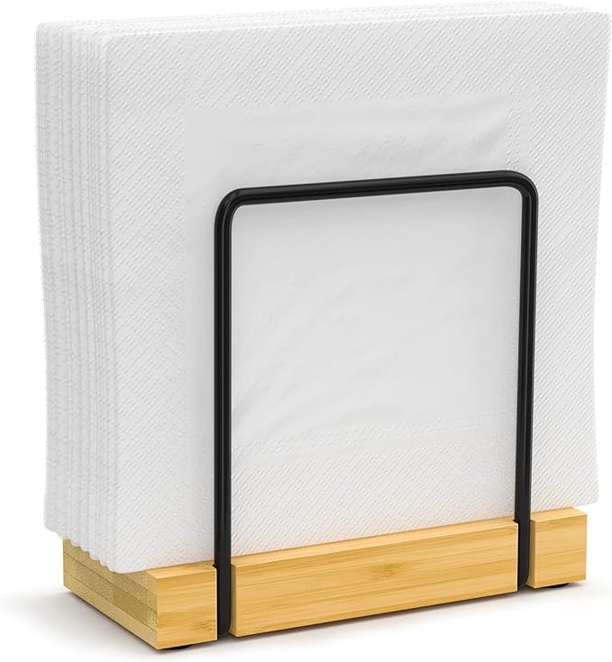 Wican Napkin Holder for Table, Bamboo Iron Standing Napkin Dispenser | Kitchen Dining Table Farmhouse Cocktail Picnic Rustic Wood Holders, Mail Bills, Suitable Dining Room Decors, Black & Yellow by Wican