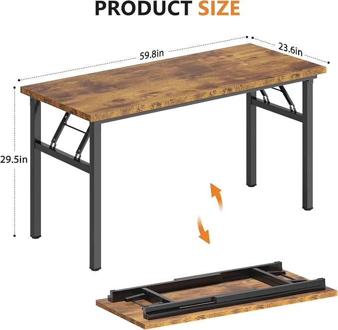 DlandHome 59.8 Inch Large Folding Computer Desk, Fully Assembled, Retro | Foldable Writing Table, Portable Activity Conference Table for Home Office, Wood Top Metal Frame, Collapsible Easy Storage - Image 3