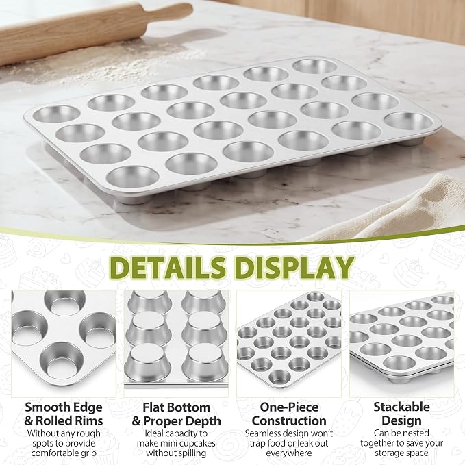 TeamFar Mini Muffin Pan, Stainless Steel 24-Cup Muffin Tin for Baking- 2PCS | Small Cupcake Pan Tray for Egg Bites Mini Cakes Quiches, Brunches Parties Birthday Treats, Healthy & Sturdy, Dishwasher Safe - Image 3