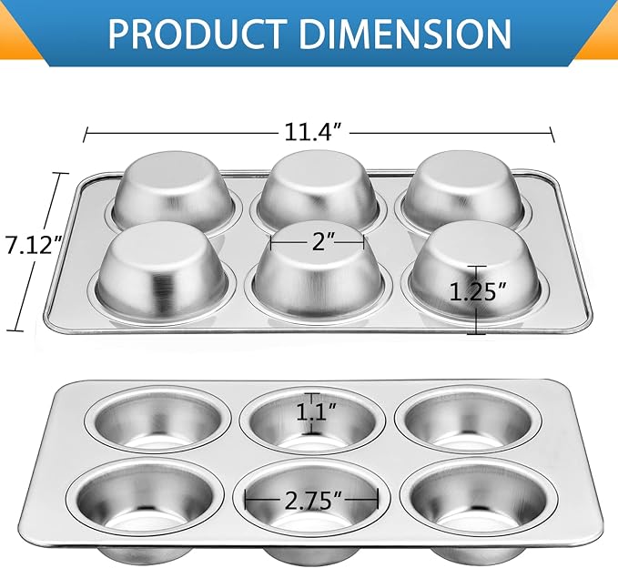 E-far Stainless Steel Muffin Pan Set of 2, 6-Cup Cupcake Tin for Baking | Metal Muffin Tray, Non-toxic & Healthy, Oven & Dishwasher Safe, Regular Size - 11.44 x 7.12 x 1.25 Inch - Image 2
