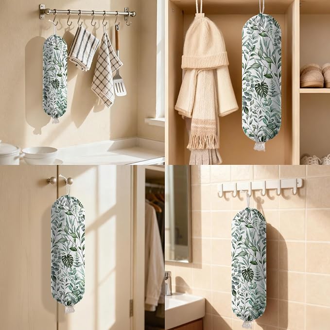 Plant Plastic Bag Holder, Wall Mount Organizer for Reusable Canvas Grocery Bags, Plants Hanging Plastic Bag Dispenser, Green Leaves Shopping Bags Storage Dispenser Decorative Home Kitchen Pantry Decor - Image 7
