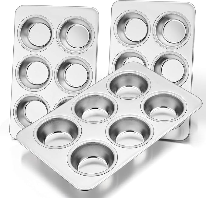 E-far Muffin Pan Set of 3, Stainless Steel Muffin Pan Tin for Baking, 6-Cup Metal Cupcake Pan Tray, Non-toxic & Healthy, Oven & Dishwasher Safe, Regular Size - 11.44 x 7.12 x 1.25 inch by E-far