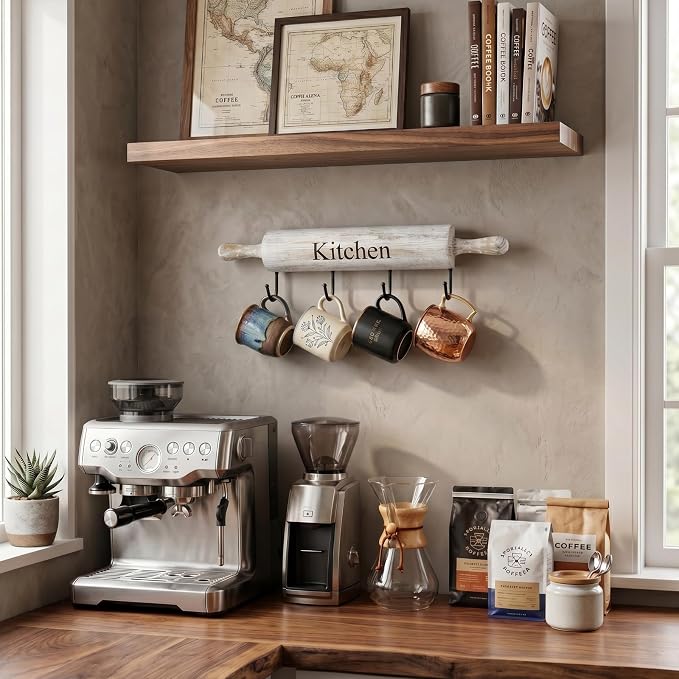 MyGift White Washed Wood Kitchen Utensil Rack with 4 Hooks, Wall Mounted | Rustic white wood and a rolling pin design add charm to this wall rack with four hooks for aprons, towels, mugs, and utensils - Image 5