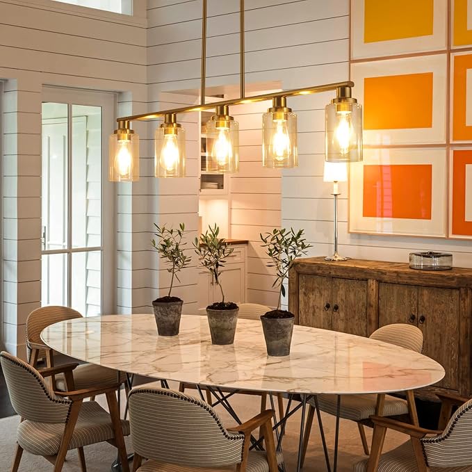 Kitchen Island Lighting, 5-Light Modern Dining Room Light Fixtures Over Table,Farmhouse Gold Linear Chandeliers for Dining Room, Industrial Pendant Lights Fixture with Clear Glass Shade - Image 5