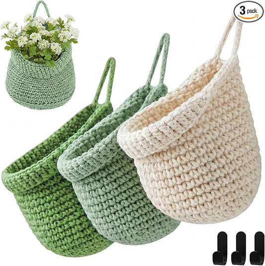 Honeydak Boho Decor Hanging Wall Baskets for Kitchen 3 Pack Teardrop Baskets with Hooks Storage Fruit Onion Vegetable Potato for Home 3 Sizes(Sage Color Palette,Barrel,Cotton Rope) by Honeydak