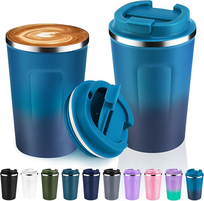 Volhoply 12 oz Double Wall Insulated Vacuum Travel Coffee Mugs with Flip Lid Bulk 2 Pack,Reusable Stainless Steel Leak Proof Coffee Cup,Portable Thermal Tumbler for Cold & Hot Drinks(Dark Night,2 Set) by LiveFully%EF%BC%8CDrinkFreely%E2%80%94KeepGoingwithVolhoply%EF%BC%81