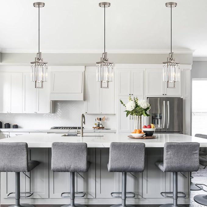 Modern Brushed Nickel Pendant Light Fixture for Kitchen Island and Dining Room, Industrial Small Hanging Crystal Chandelier Light Fixture for Bedroom Entryway Living room Foyer Hallway 3-Pack - Image 2