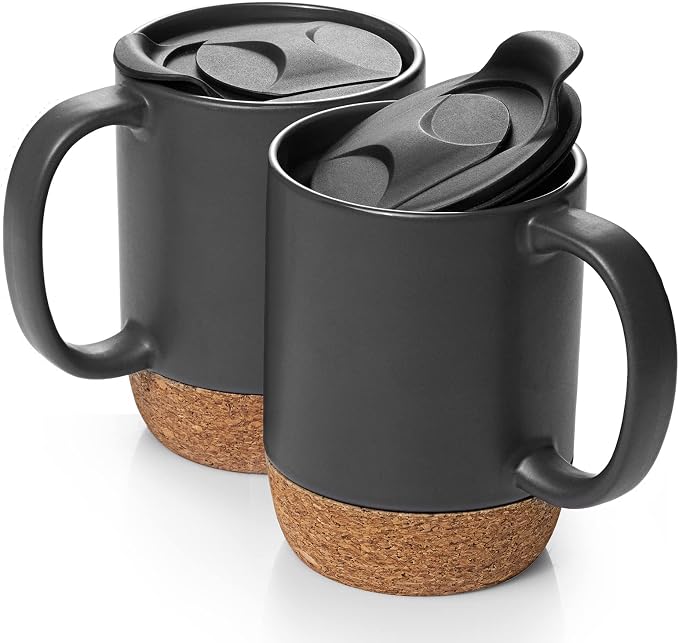 DOWAN Coffee Mugs, 15 oz Mug Set of 2, Large Ceramic Coffee Mug with Cork Bottom and Spill Proof Lid for Mom Dad, Big Mug for Latte Tea, Matte Grey by DOWAN