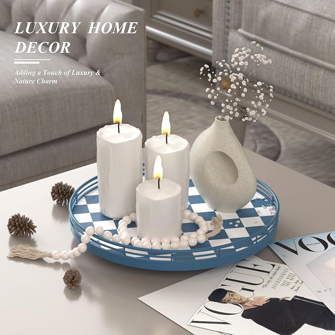 Blue and White Checkerboard Lazy Susan with Rubberwood Base and Metal Rail | Smooth rotating oak tray with walnut finish for dining tables, kitchen counters, pantries and cabinet storage. - Image 2