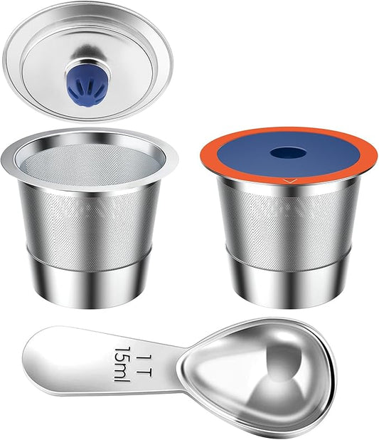 Stainless Steel Reusable K Cups for Keuring 2.0& 1.0, Reusable Coffee Pods for Keuring Coffee Maker,2 Pack K Cups with 1 Pack Scoop, Permanent Filters （2Pack)