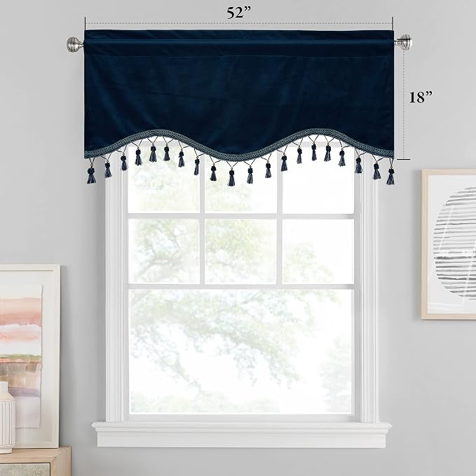 Navy Blue Tassel Velvet Valances Curtains 52x18 Inch 2 Panels | Luxury Thick Scalloped Valances for Kitchen, Office, Rod Pocket Privacy Home Decoration for Living Room - Image 2