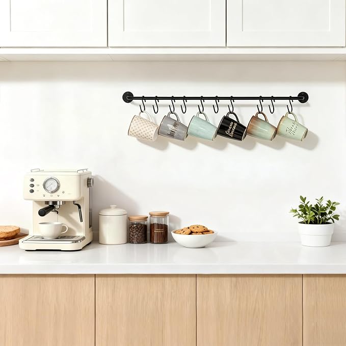 Mkono Wall Mounted Mug Holder, Coffee Cup Hanger Rack with 10 Hooks, 1 Pack | Kitchen Rod, Space Saving, Easy Assembly, Wall & Under Cabinet, Durable Metal, Kitchen Dining Bar Organizer, Multi-Function - Image 4