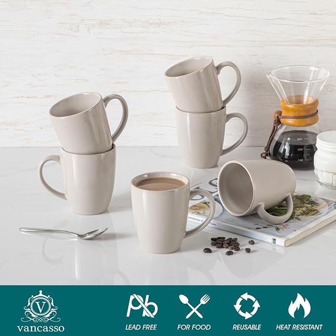 vancasso PLAYA Ceramic Coffee Mug Set of 6, 12 Oz Tea Cups with Handle for Latte, Tea, Cappuccino, Milk, Cocoa, Microwave&Dishwasher Safe, Grey - Image 3