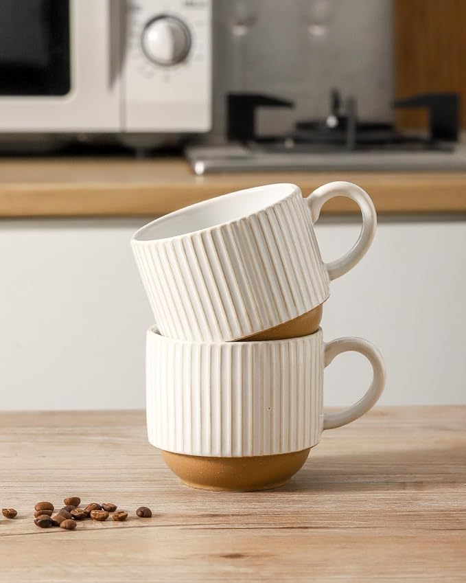 HASENSE 15 oz Ribbed Stackable Ceramic Coffee Mug Set of 4, White & Light Brown Cups with Metal Holder, Dishwasher & Microwave Safe for Cappuccino Tea Hot Cocoa, Wedding Housewarming Gifts - Image 7