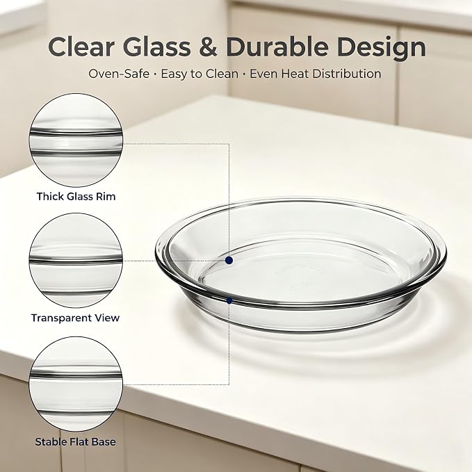2 Pack 9 Inch Clear Glass Pie Pan, Oven Safe Round Glass Baking Dish for Pie, Quiche, Tart and Homemade Dessert Baking - Image 3