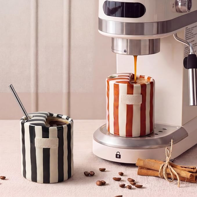 2 Pack Ceramic Coffee Mug with Sip Hole Espresso Cup 10oz with Straws Retro Hand Painted Striped Ceramic Iced Coffee Tea Travel Mug Latte Cup for Kitchen Dining (Simple,Brown,Black) - Image 4
