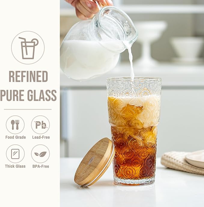 SoulTimes 20oz Begonia Flower Glass Tumbler with Bamboo Lid and Straw–Iced Coffee Glasses Cups for Smoothie, Matcha, Juice, Water etc. Leakproof and Reusable Glassware Drinking for Travel To Go [2Pcs] - Image 4