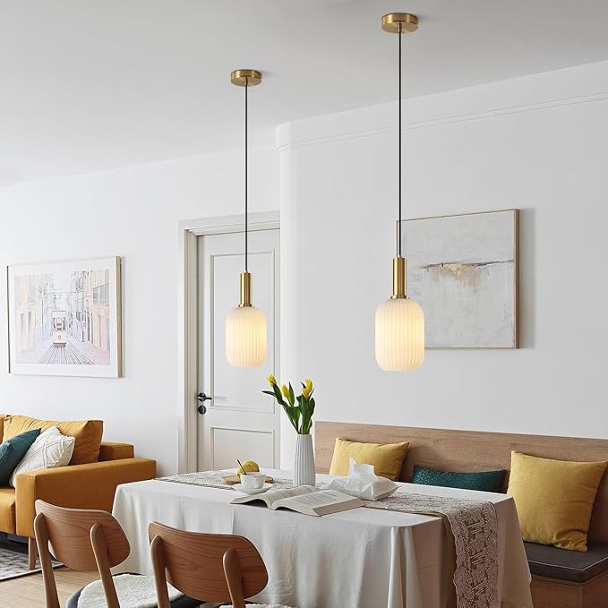 KCO Brushed Brass 5.1” Small White Milk Ribbed Cylinder Glass Pendant Light | E26 Bulb Hardwired, Mid Century Modern Vintage Adjustable Hanging Lamp for Sloped Ceiling Kitchen Island Dining Room Bedroom - Image 6
