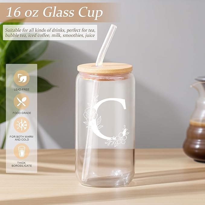 Personalized Gifts for Women, Monogrammed Gifts for Women, Initial 16 oz Glass Cups With Lids and Straws, Customized Mug, Personalized Birthday Gifts Christmas Gifts for Her Mom Friend Woman, C