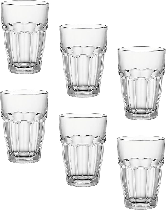 Bormioli Rocco Rock Bar Stackable Beverage, Set Of 6 Dishwasher Safe Drinking Glasses For Soda, Juice, Milk, Coke, Beer, Spirits – 12.5oz Durable Tempered Glass Water Tumblers For Daily Use by Bormioli+Rocco