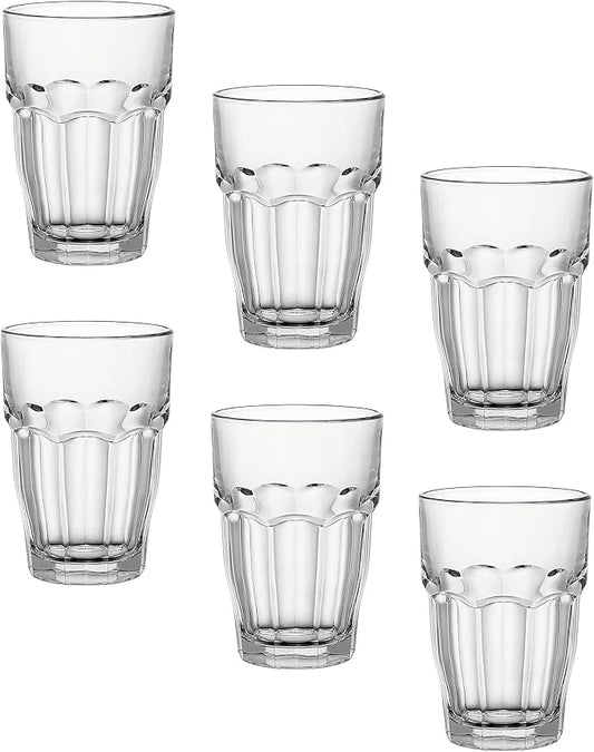 Bormioli Rocco Rock Bar Stackable Beverage, Set Of 6 Dishwasher Safe Drinking Glasses For Soda, Juice, Milk, Coke, Beer, Spirits – 12.5oz Durable Tempered Glass Water Tumblers For Daily Use by Bormioli+Rocco